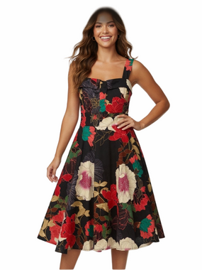 Eva Rose Retro 50s Floral Fit & Flare Swing Dress Pockets M
